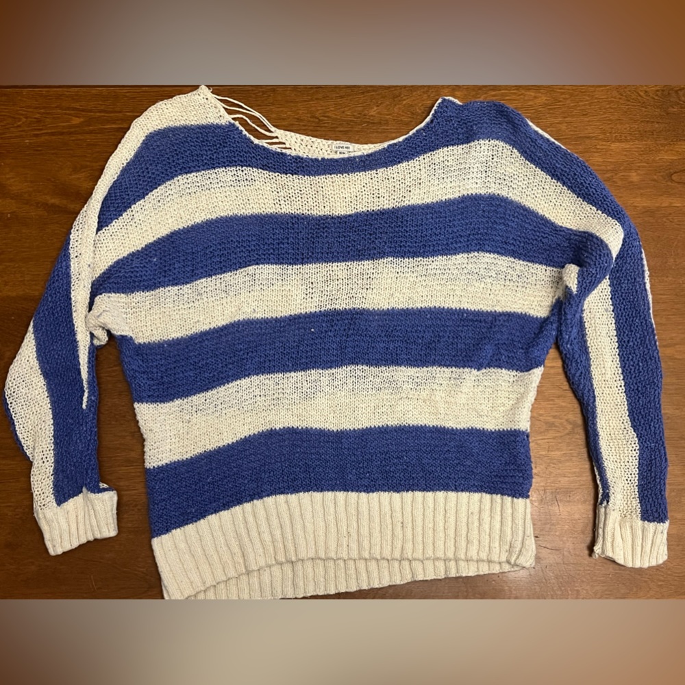 I Love H81 Blue and Cream Sweater with back detail Sz M